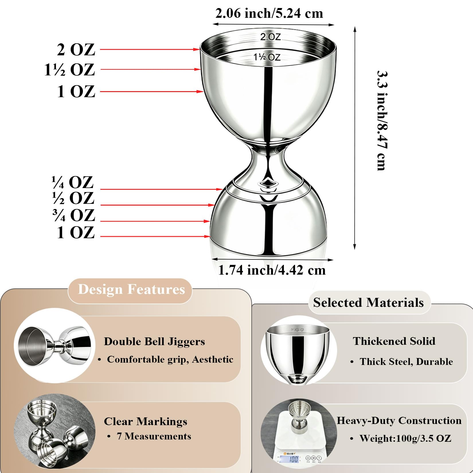 Jigger for Bartending, 2 oz 1 oz Bartender Jigger Stainless Steel, Double Cocktail Jiggers with Internal Measurements, Bar Tool for Bartending, Shot Drink Measurer for Cocktails(1Jigger - 2 Pourers) — Amazon image 4
