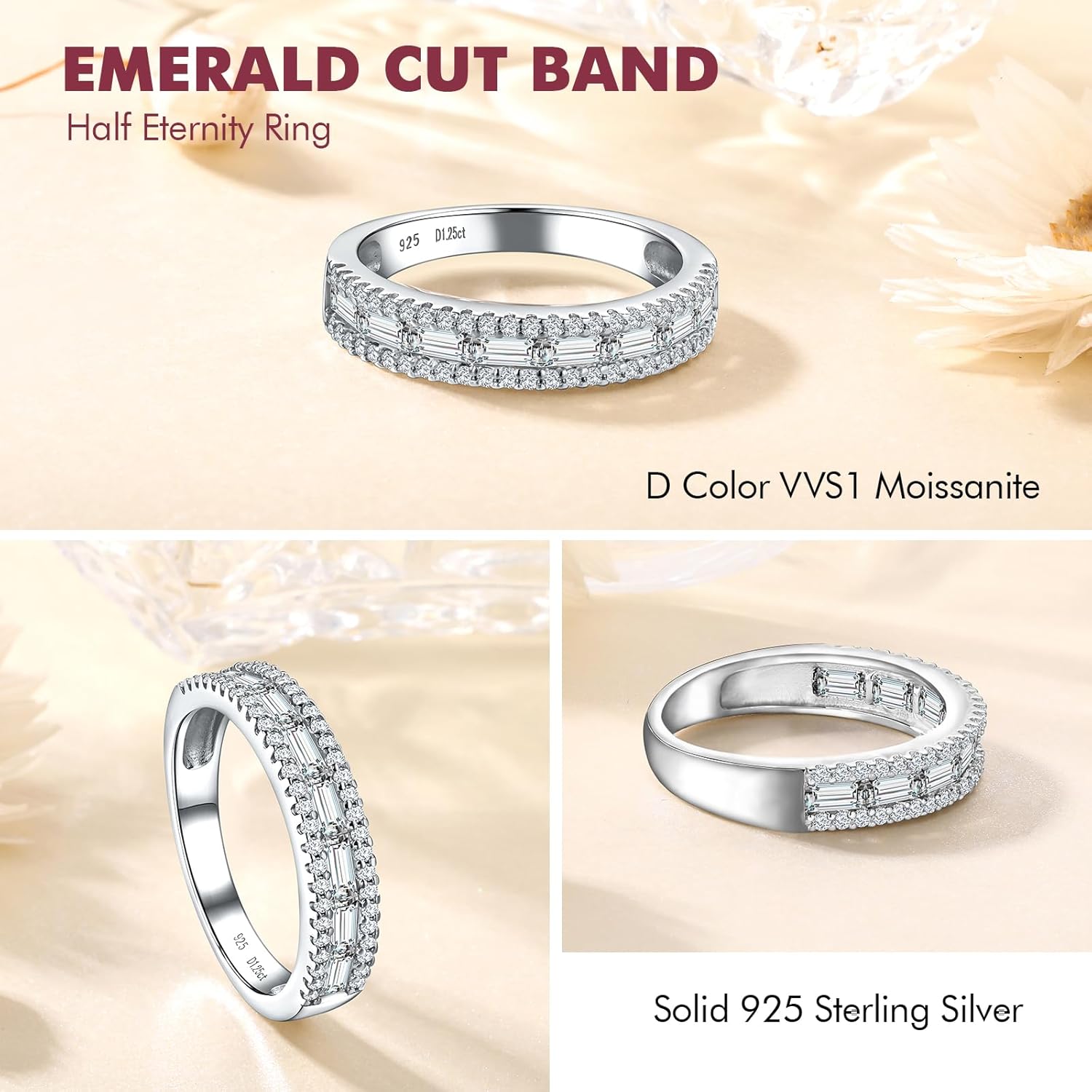 DAYBYDAY Emerald Cut Channel Set Moissanite Wedding Band 925 Sterling Silver 1 Carat Baguette Moissanite Eternity Band Rings for Women Men - Image 4