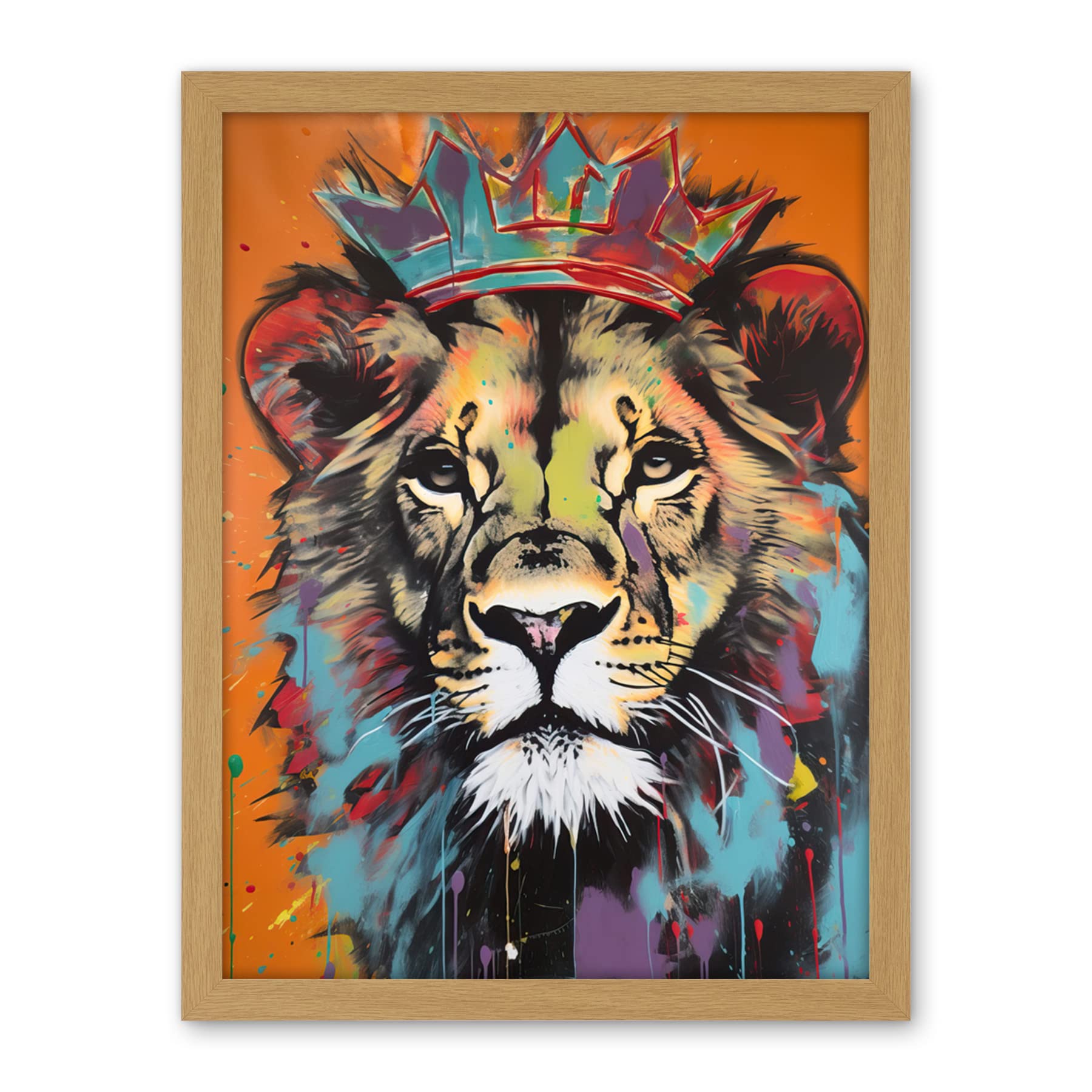 Artery8 Lion Wearing Crown Jungle King Animal Portrait Artwork Framed Wall Art Print 18X24 Inch