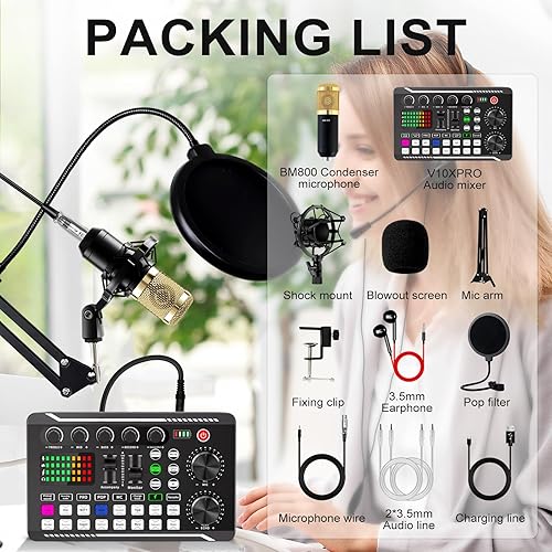 Miniatura 7 de ALSO GO Paquete de equipo de podcast, equipo de podcast con micrófono BM-800 (dorado) y tarjeta de sonido F998, equipo de estudio de grabación para