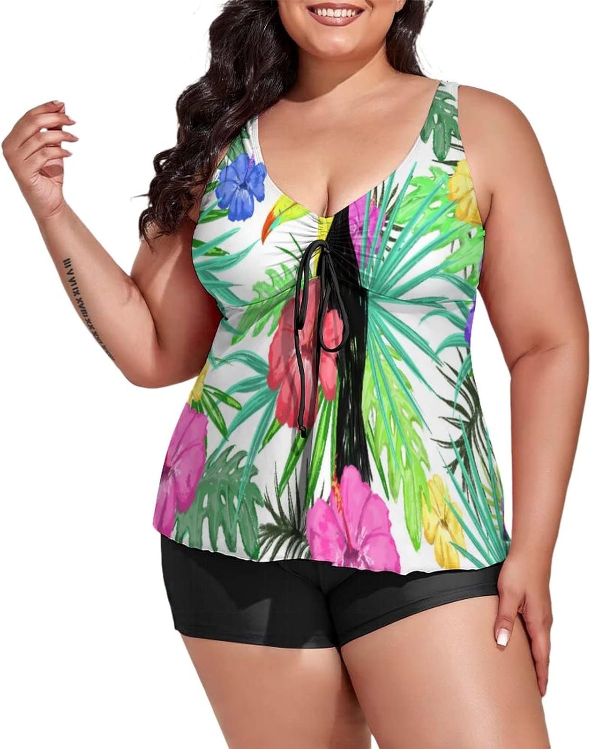 Two Piece Plus Size Tankini Swimsuits for Women Summer Colorful Hawaiian Tropical Plants Palm Leaf Parrot Bathing Suit with Top/Boyshorts Tropical Green Plant Tummy Control Swimwear