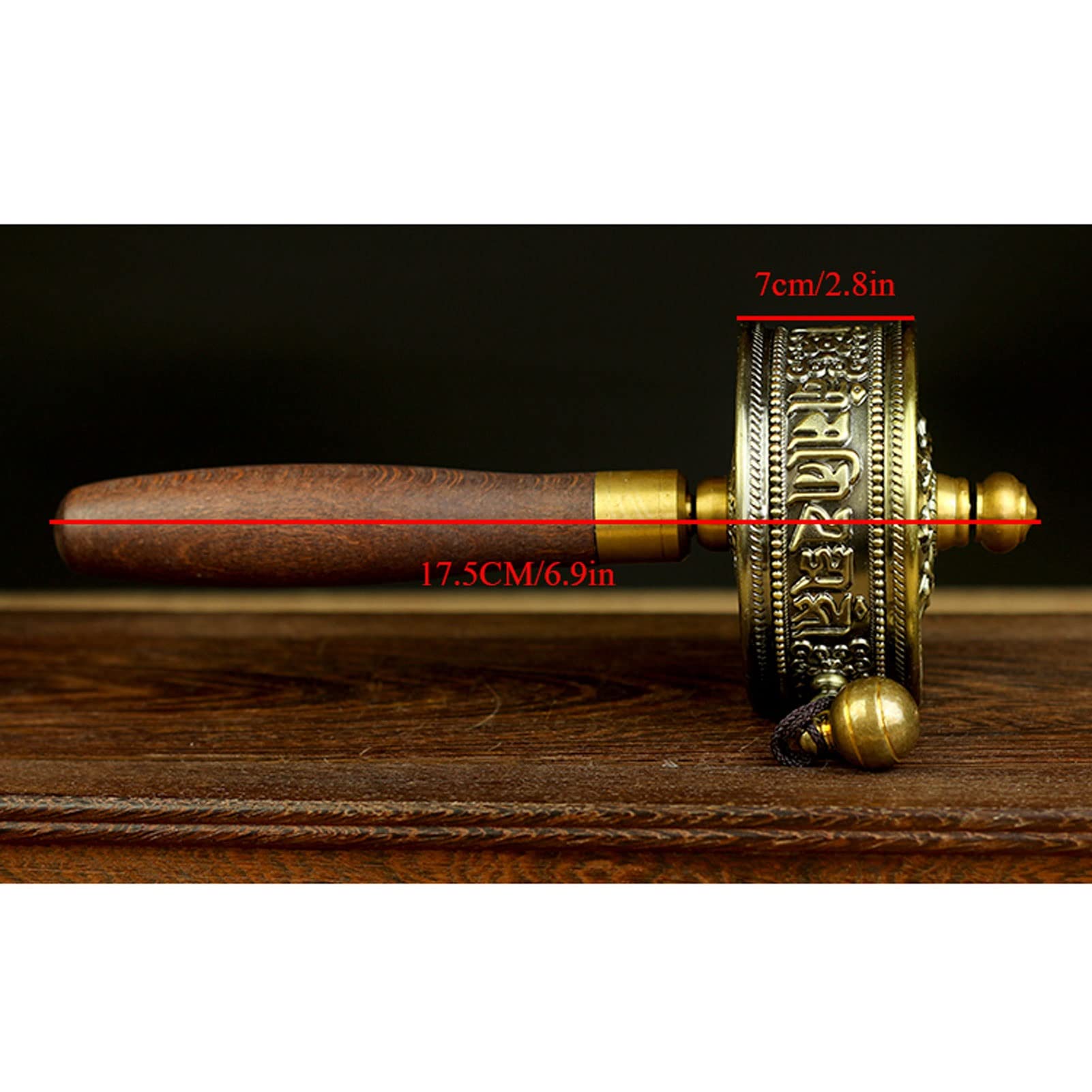 Rueda de oración tibetana, Rueda de oración tibetana con mango de madera, rodamientos dobles, pergamino de oración, latón(Bronze)