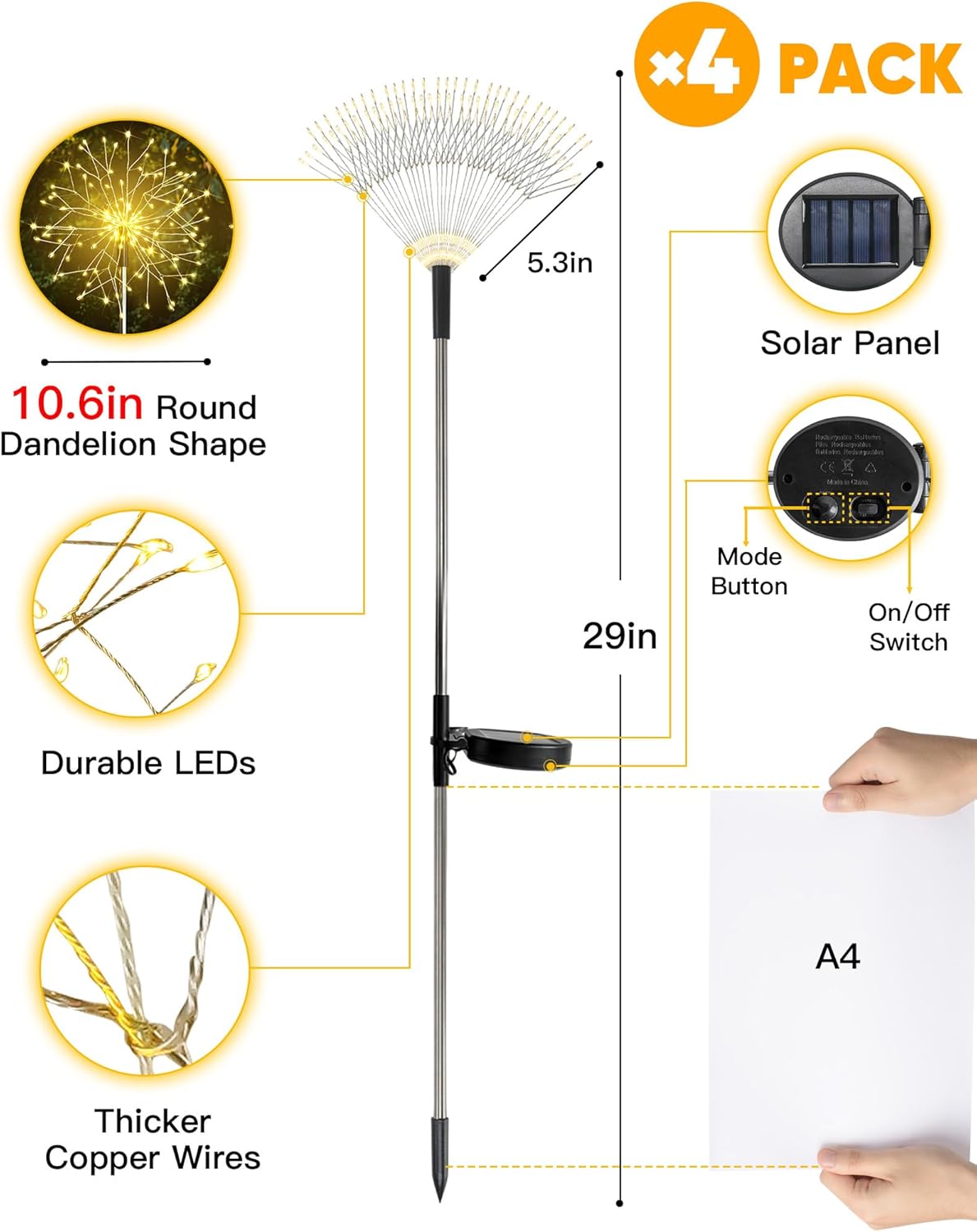 suddus Solar Garden Lights Outdoor Waterproof Decorative, 4Pack 150LED Firework Lights, Solar Fairy Lights for Yard, Garden, Party, Patio, Pathway, Flowerbed, Wedding - Warm White