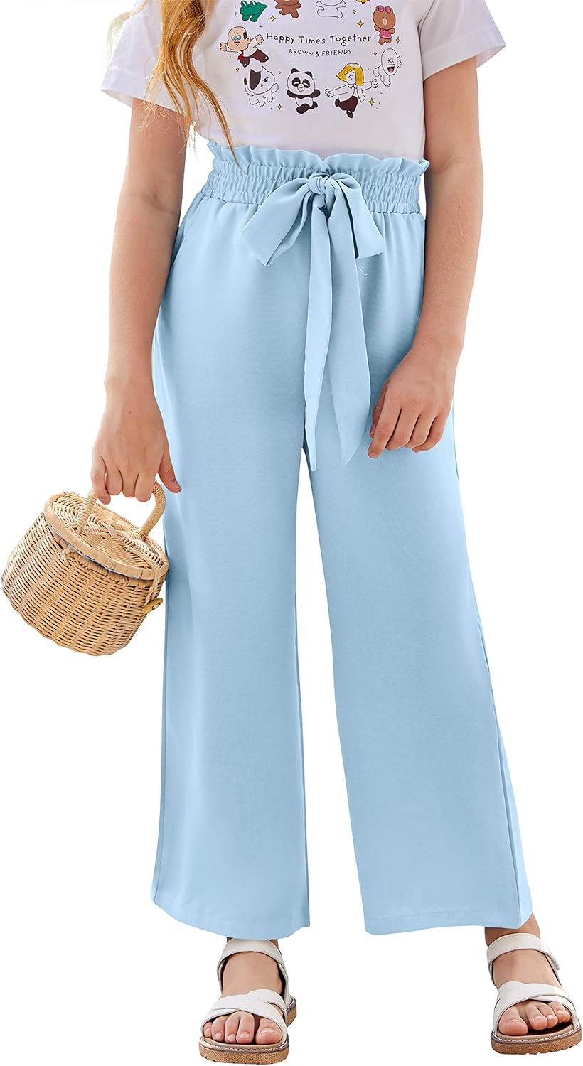 SySea Girls Wide Leg Pants Kids Cute Print High Waisted Loose Fit Comfy Belted Lounge Trousers with Pockets