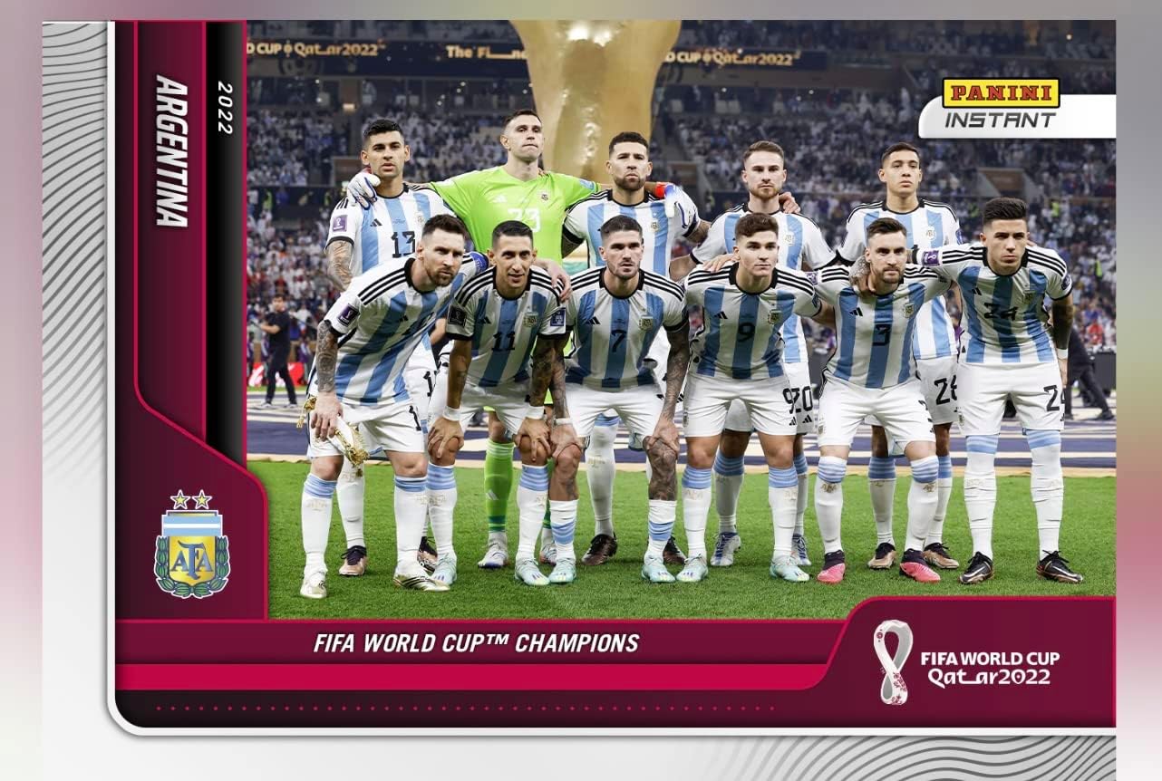 2022 Panini Instant World Cup Champions Argentina Team Set -12 Total Cards including Lionel Messi, Julian Alvarez RC, Angel Di Maria, Alexis Mac Allister, Rodrigo De Paul, Enzo Fernandez RC, Nahuel Molina, Nicolas Otamendi, Cristian Romero, Nicolas Tagliafico, Emiliano Martinez and the Starting 11 Photo Card -Soccer Trading Cards- Argentina - Print Run of Only 2323 Team Sets Produced!