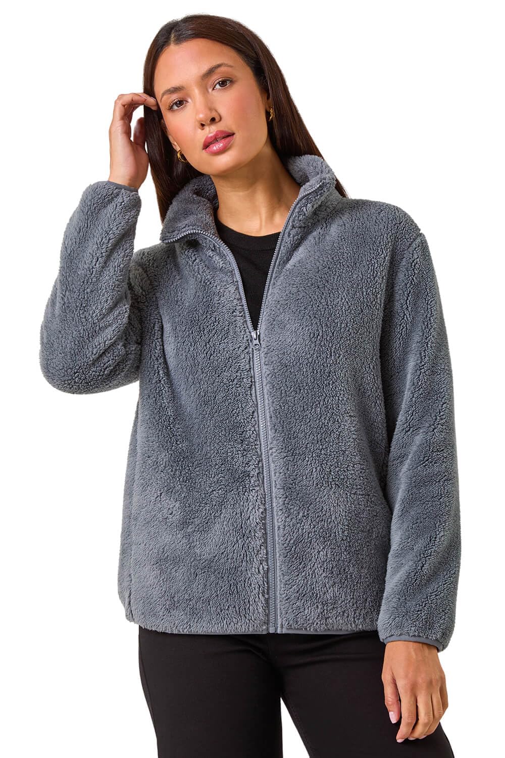Roman Women's Dark Grey Soft Sherpa Fleece Jacket In | Size: Xl