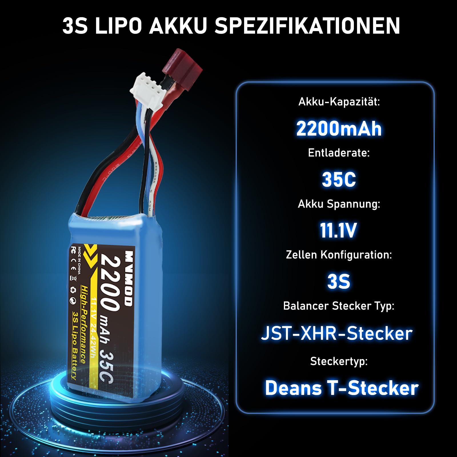 MVMOD 3S LiPo Battery with Charger Kit, 2200 mAh 11.1 V 35C Lipo 