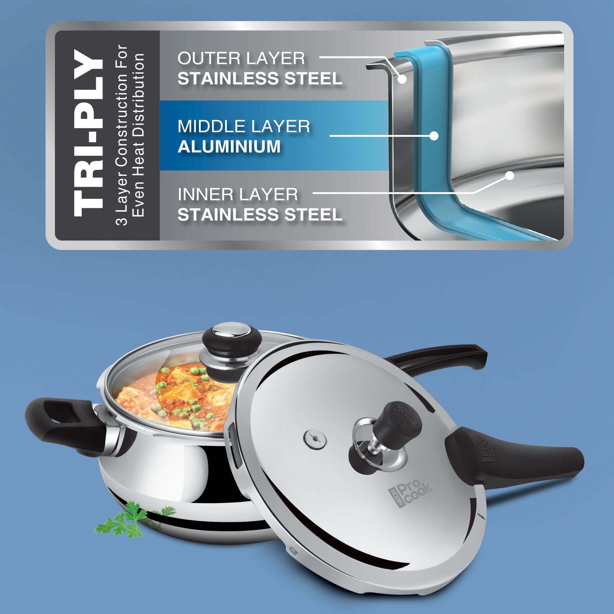 Milton Pro Cook Induction Cookware & Gas Stove Friendly Triply Stainless Steel Curve Pressure Cooker 1.5 Litre With Dual Lid | Outer Lid & Glass Lid | Gasket Release System | 5 Year Warranty | Silver — Amazon image 5
