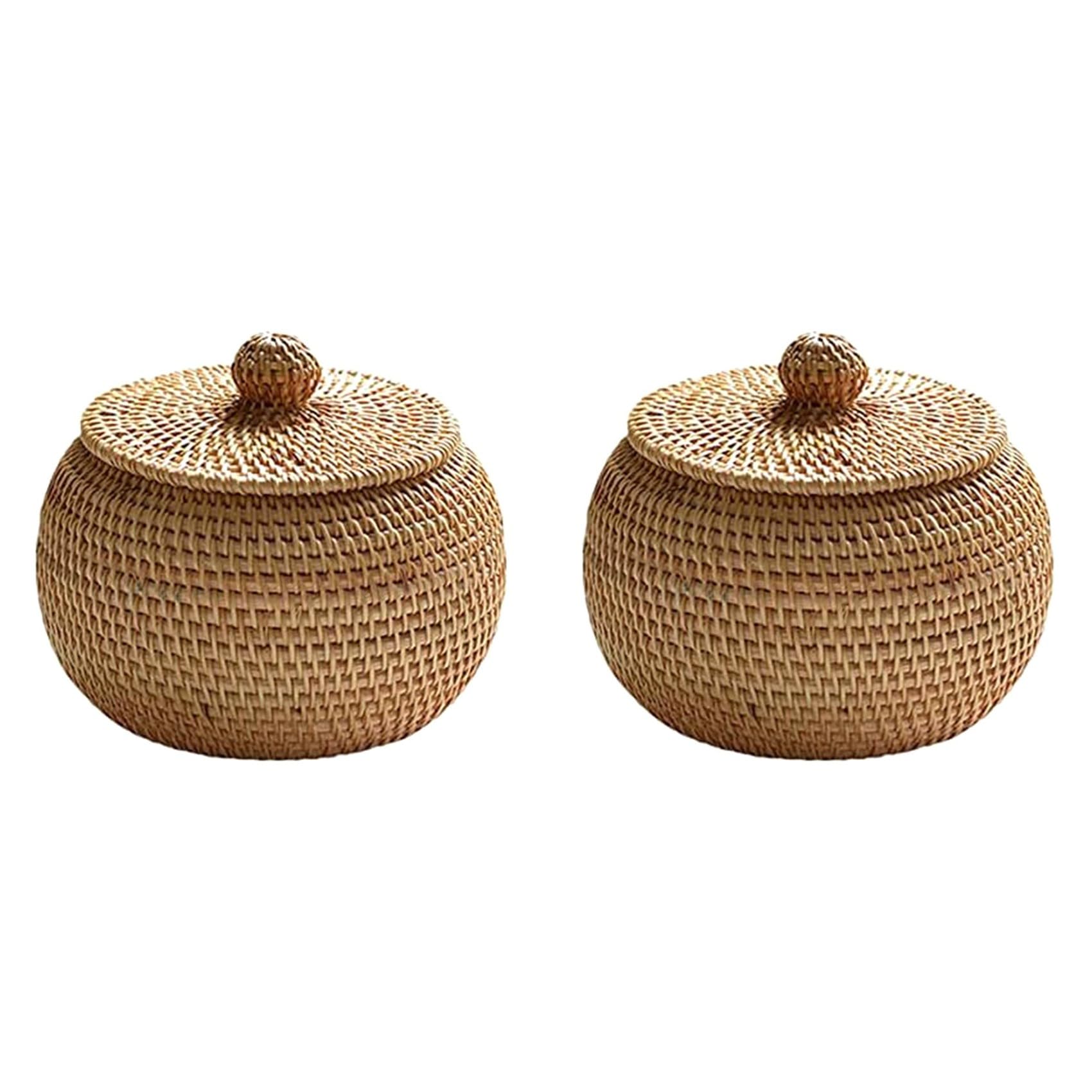 Vjsujehgy 2X Round Rattan Box with Lid, Hand Woven Storage Box, Multifunctional Desktop Tray Storage Basket Decoration for Home