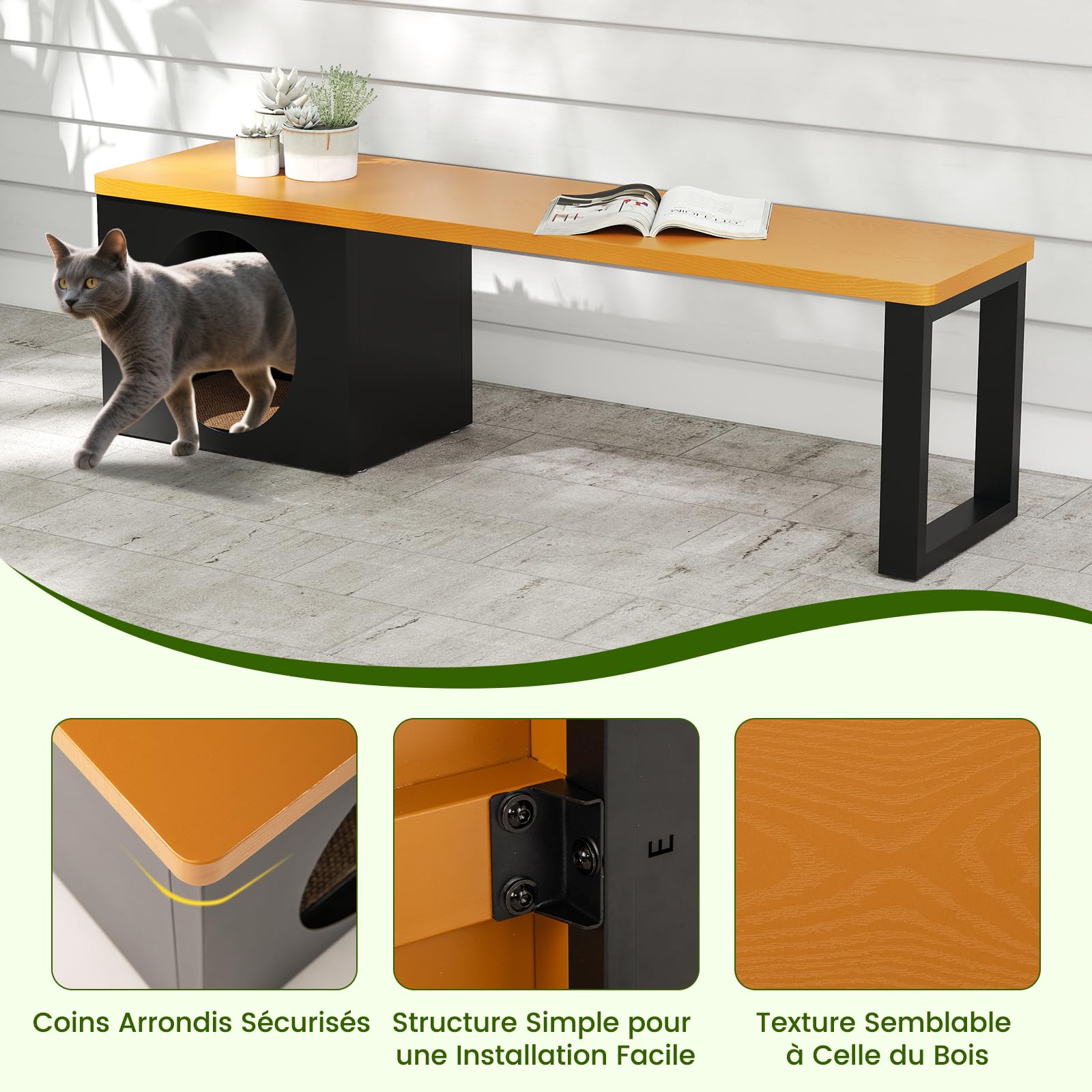 COSTWAY Banc Exterieur Jardin avec Niche pour Chat, Banc de Jardin pour 3 Personnes, Charge 450 kg, Meuble Chat avec Planche à Griffer, pour Porche Cour Entrée, 150 x 38 x 44 cm