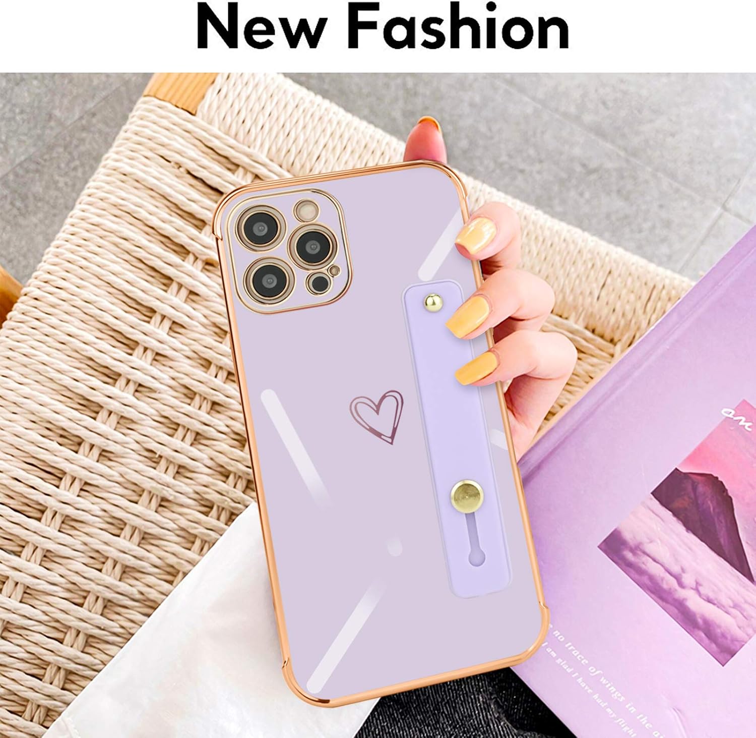 Uioeua Compatible with iPhone 12 Pro Max Case Thin for Women Girls,Soft TPU Plating Bumper Wristband Holder Bling Phone Case Slim Anti-Scratch Shockproof Love Heart Cute Case Cover(Elegant Purple)