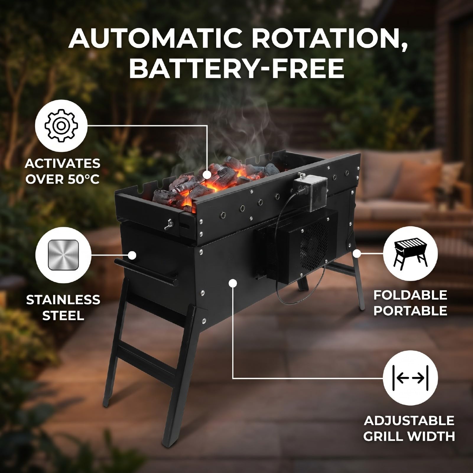 Generic Automatyczny Grill Obrotowy, Elektryczny Grill Wewnętrzny Ze Stali Nierdzewnej Zestaw do Grillowania na świeżym Powietrzu z Grillem Węglowym, Automatycznie Obracające się Szaszłyki Kabob na