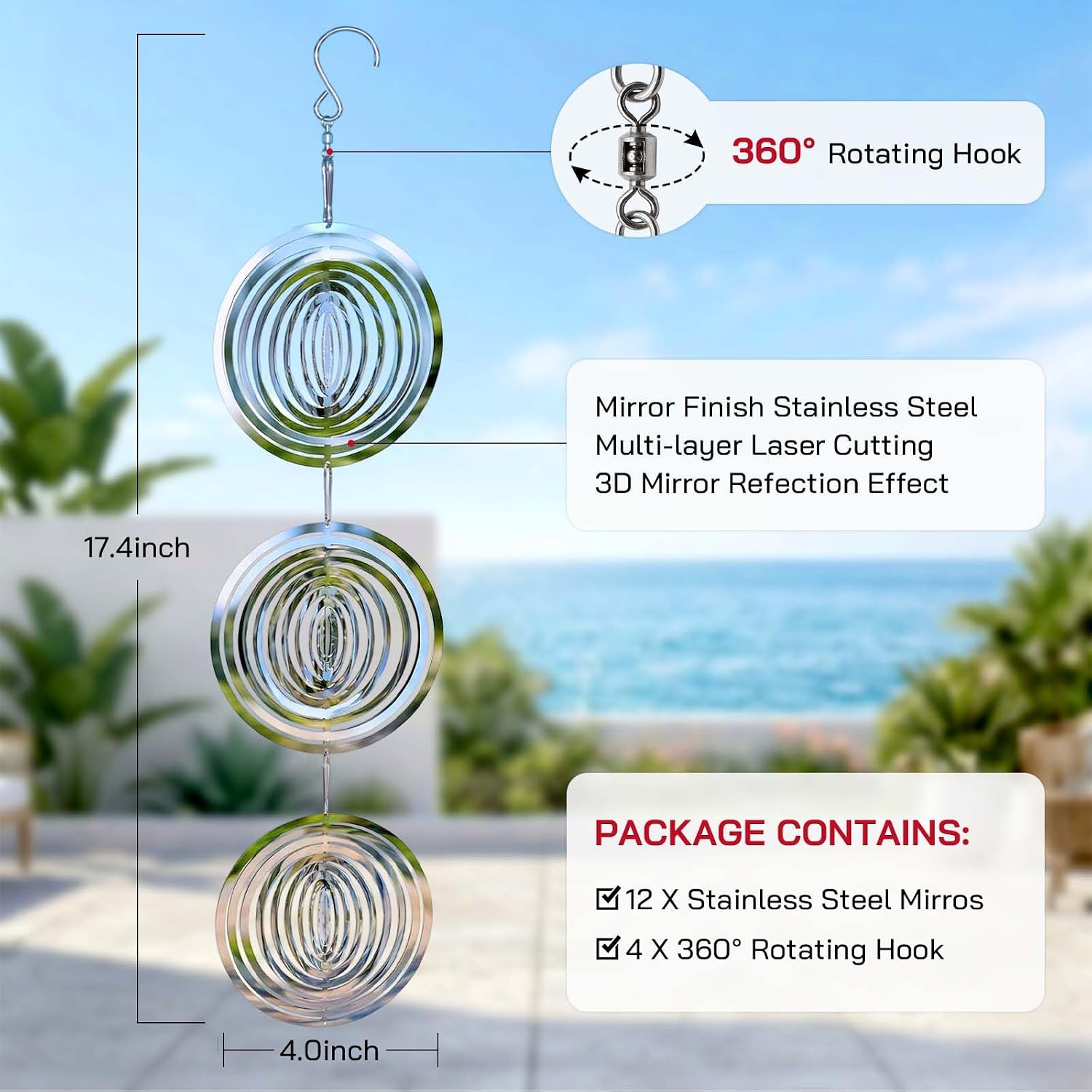 2026 Upgraded Bird Deterrents for Outside, 12 Pack 3D Stainless Steel Wind Spinners Outdoor Decor, Reflectors Bird Scare Devices to Keep Woodpeckers, Pigeons Away from Your Garden, House, Patio