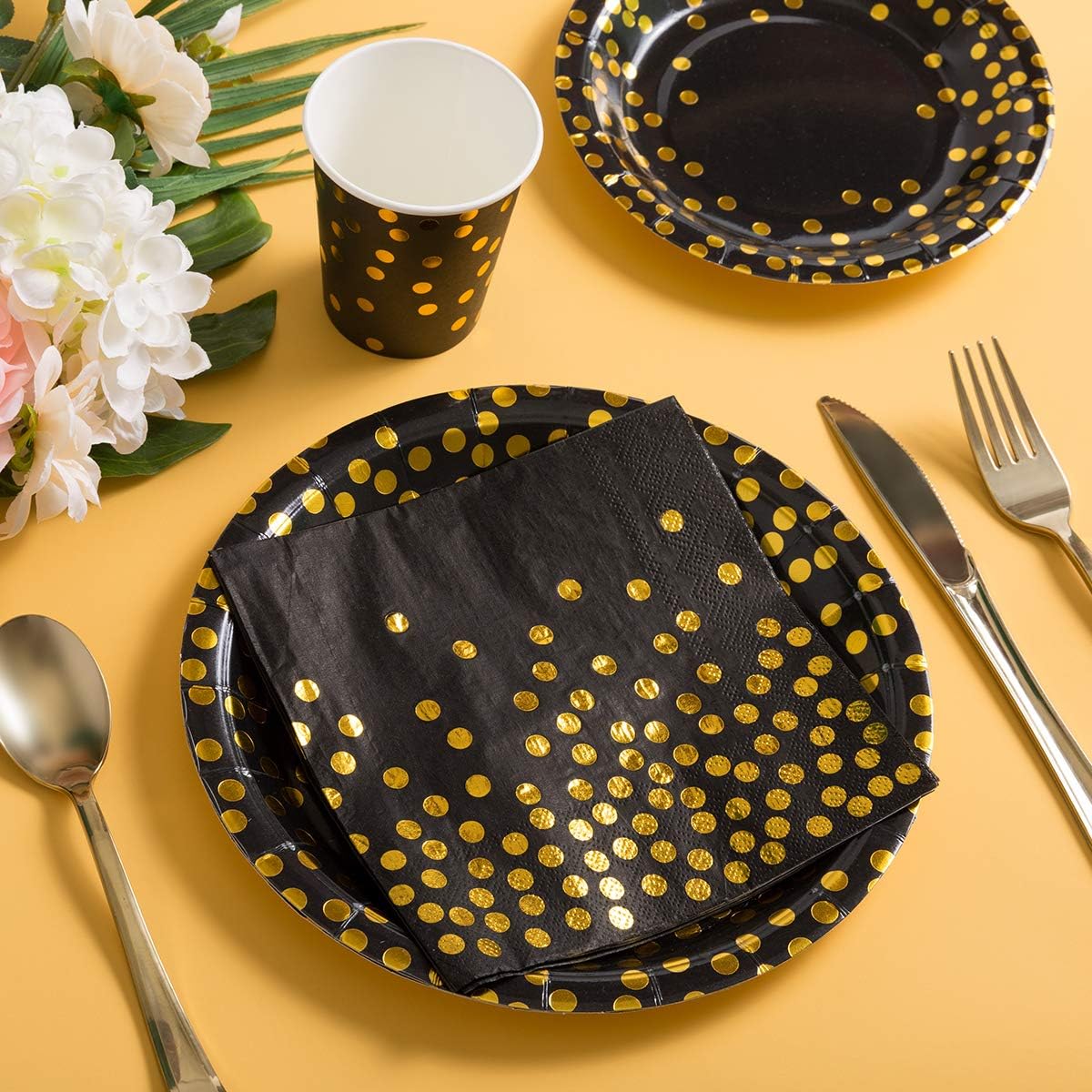 HOMIX 350 Pcs Black and Gold Plates and Napkins Party Supplies, Serves 50 Disposable Paper Plates, Napkins, Cups, Silverwares for Black and Gold Retirement Graduation Party Decorations