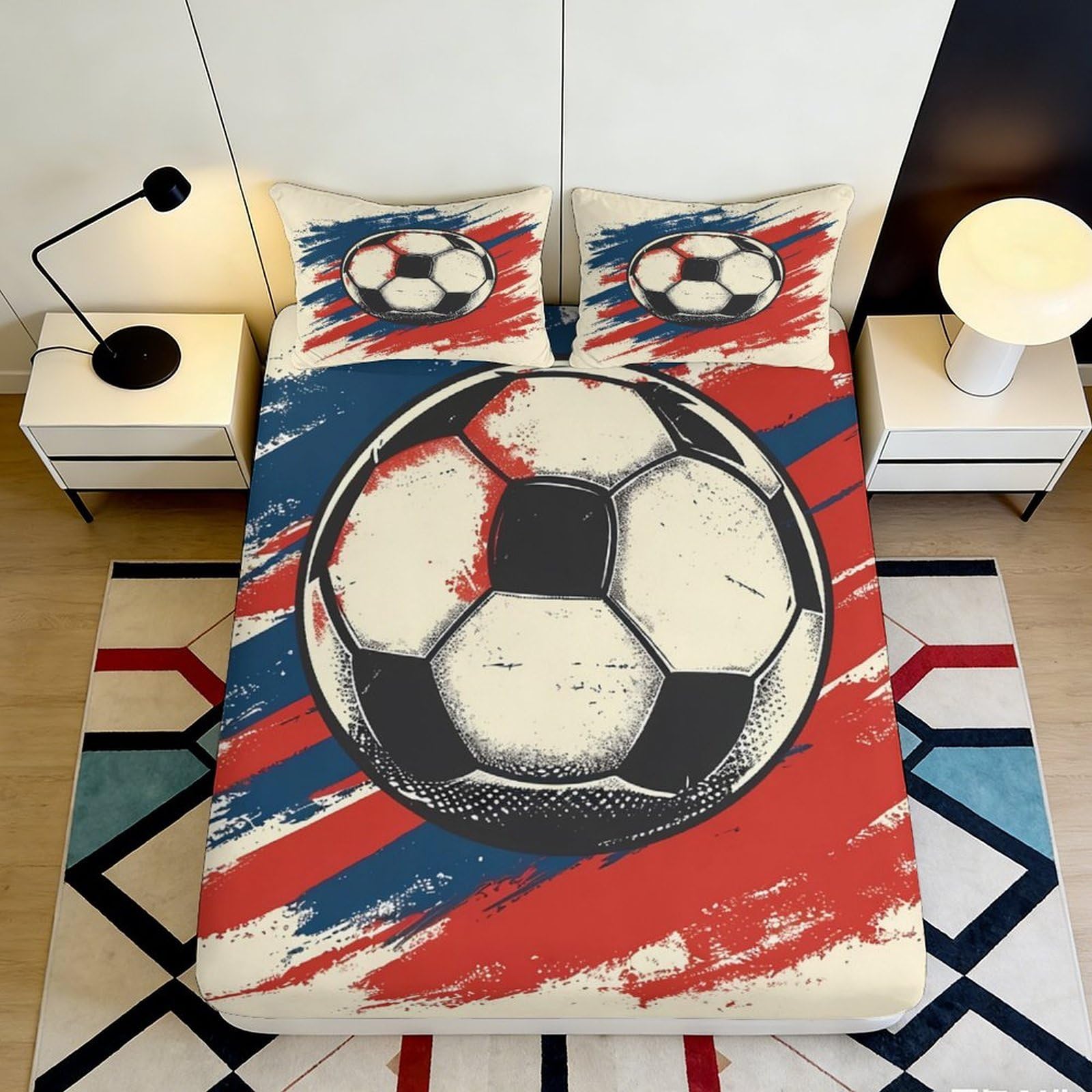 3D Printed Soccer Ball Art Fitted Sheet Microfiber Red Blue Graffiti Mattress Cover for Bedroom Dorm Boys Teens 200x200x25cm