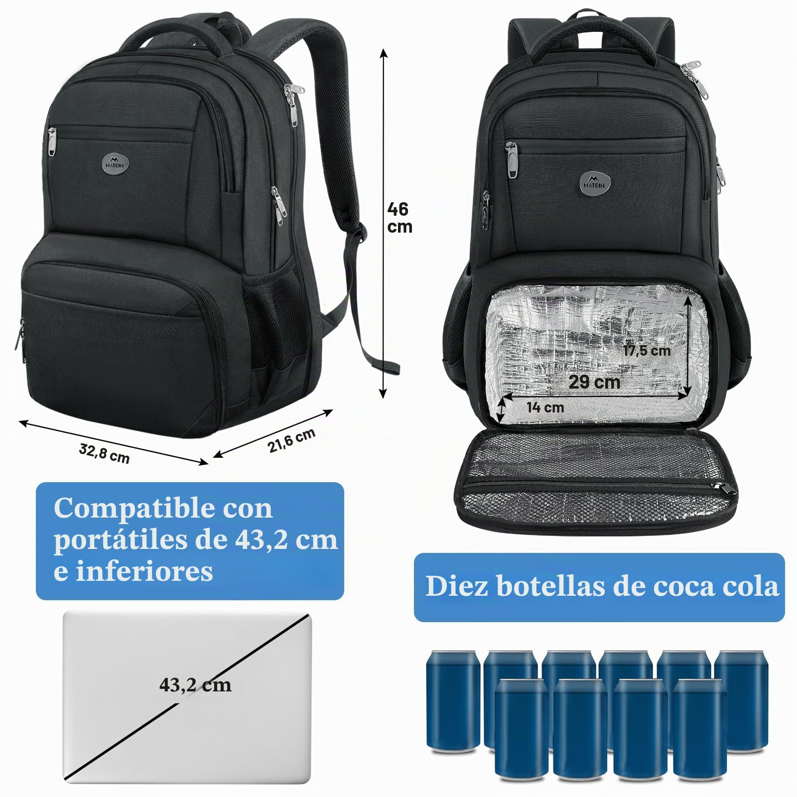 MATEIN Mochila Portatil 17 Pulgadas con Compartimento Termico para Almuerzo, Mochila Hombre Trabajo Impermeable, TSA Lunch Backpack Bolsillo Antirrobo para Oficina, Picnic y Viaje, Negro