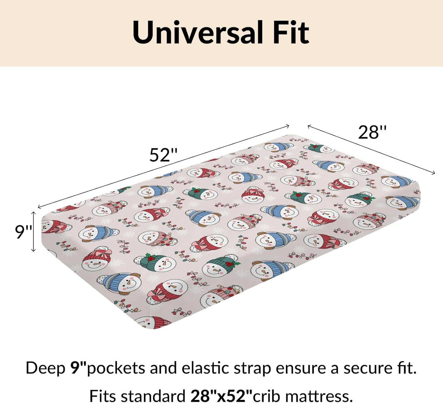 Christmas Snowman Bows Lights Baby Crib Sheets Cute Winter Snowman Snowflakes Soft Baby Sheets Festive Holiday Fitted Crib Mattress Cover for Standard Crib & Toddler Bed Mattress 52"x28"