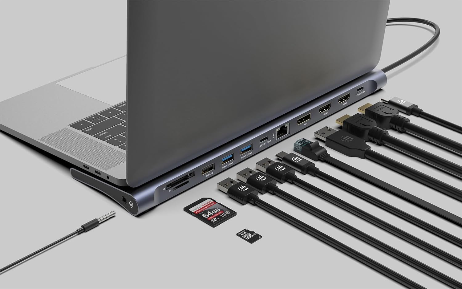 Manhattan USB C Docking Station 2 HDMI, 3 Monitor Station 12 in 1, Triple Display Laptop Docking Station with 5Gbps USB-A/C 3.1, USB 2.0, 100W PD, Ethernet, Audio, SD/TF Card Slot- 190305