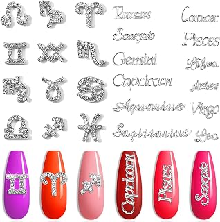 XEAOHESY 24 Pieces Silver Alloy Zodiac Nail Charms 12pcs Zodiac Signs Nail Studs 12pcs Constellation Words Charms Twelve Constellation Nail Charms for Women Girls Nail Art Decoration