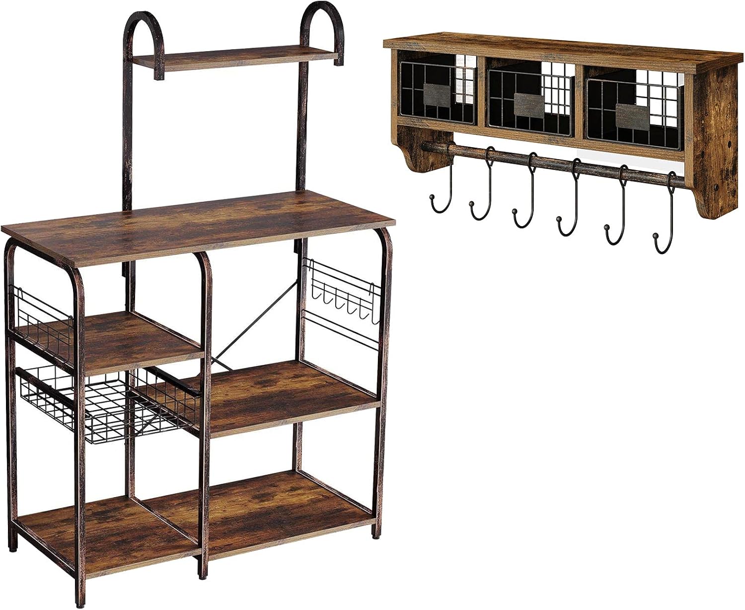 Rolanstar Kitchen Baker's Rack, Large Capacity Utility Storage Shelf, Microwave Stand with 7 Shelves and 12 Hooks, Foldable Pull Basket with Rustic Wall Mounted Storage Cabinets Coat Rack 6 Hooks Han - Standing Baker's Racks