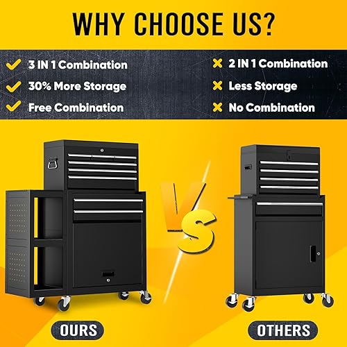 Miniatura 4 de Caja de herramientas con ruedas de 8 cajones con ruedas, exclusiva caja de herramientas 3 en 1 combinada con carrito de utilidad extraíble de 2