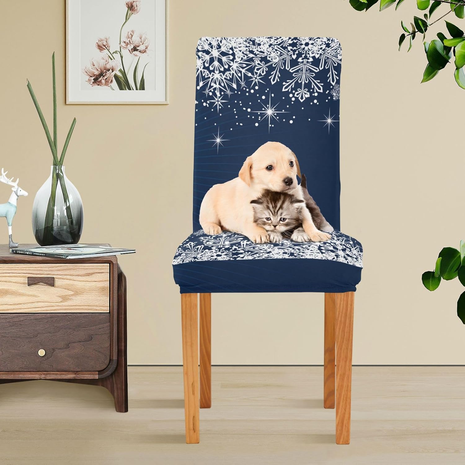 Christmas Blue Snowflake Dining Room Chair Covers Set of 4,Stretchable Removable Washable Spandex Kitchen Chair Protector Slipcovers for Restaurant,Hotel,Ceremony,Christmas,Festival Decoration