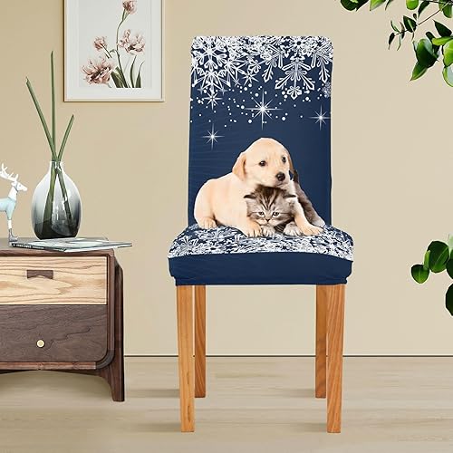 Miniatura 6 de Wajiw Juego de 2 fundas para sillas de comedor con diseño de copo de nieve azul navideño, elásticas, extraíbles y lavables, de elastano, fundas