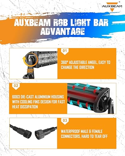 Miniatura 6 de Auxbeam Barra de luz LED RGBW de 22 pulgadas para camión, ATV, haz combinado de luz recta multicolor de doble fila, control Bluetooth, luz de