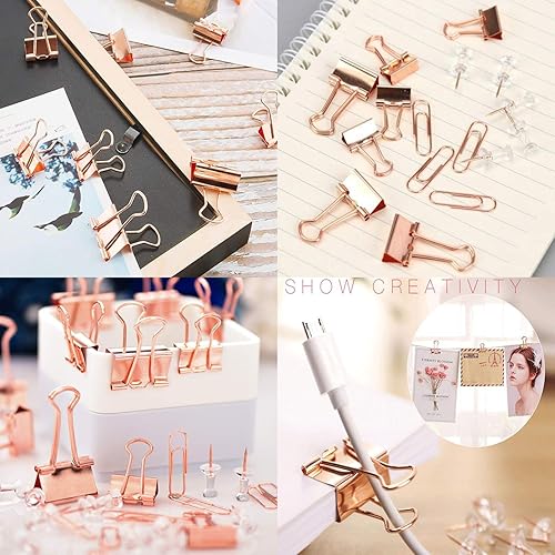 Miniatura 3 de KIDMEN Kit de oro rosa, juego de clips para carpeta, clips de papel, pasadores, total de 226 piezas