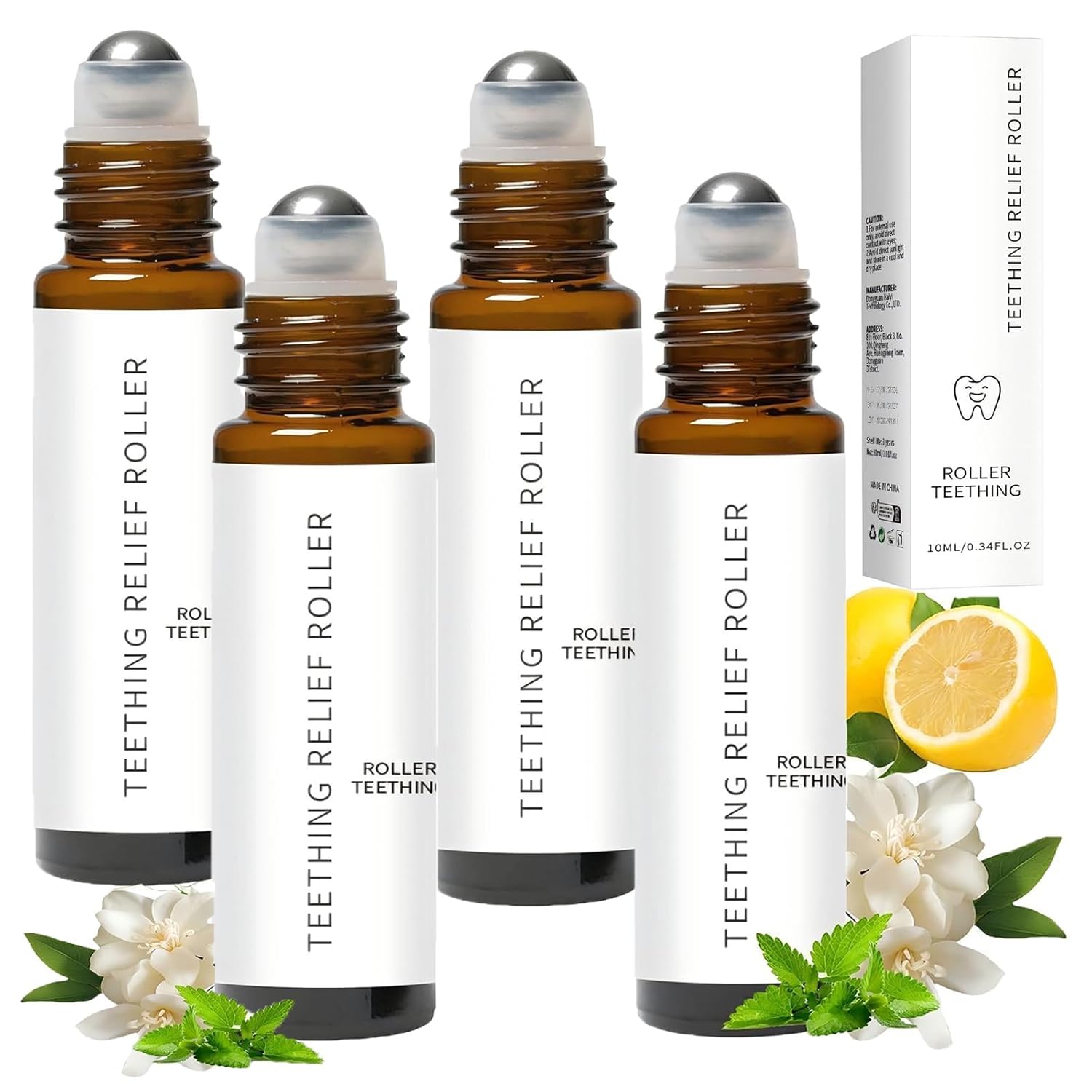 Teething Roller All Natural, Natural Gum Relief with Chamomile & Rose Oil, Gentle Massage Applicator, Essential Oil Massage Roller (4PCS, 10ML)