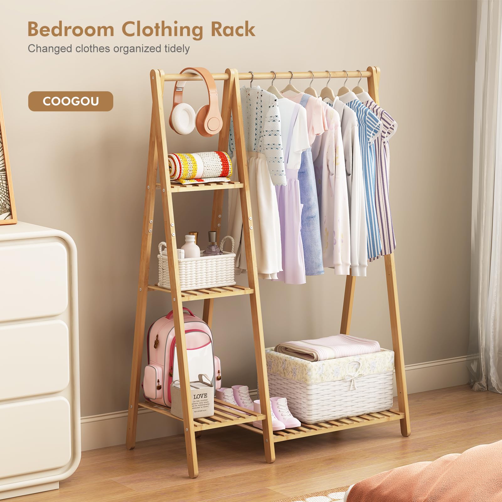 Bamboo Narrow Clothes Rail 130cm Brown Bamboo Bedroom Garment