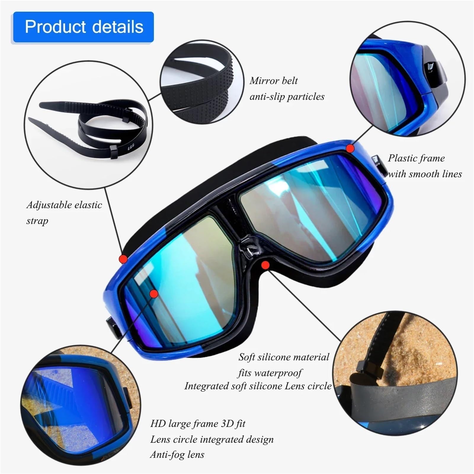 Schwimmbrille Verstellbare Schwimmbrille Damen und Herren, wasserdichtes Antibeschlag-Brillen-Set, Acetat-Polycarbonat für Erwachsene