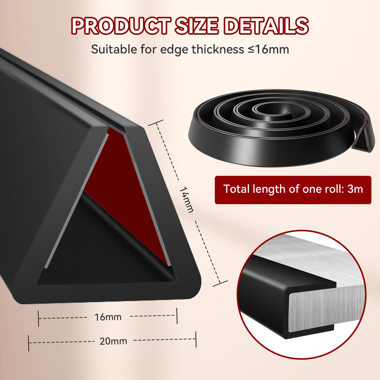 Bande de Chant en Forme de U Bande de Bord de Meuble Autocollante Joint Protection Bord de ToleConvient Aux Bords de 16mm D'épaisseur Silicone Noir 16mm*3mètres(3, Noir, 16mm)