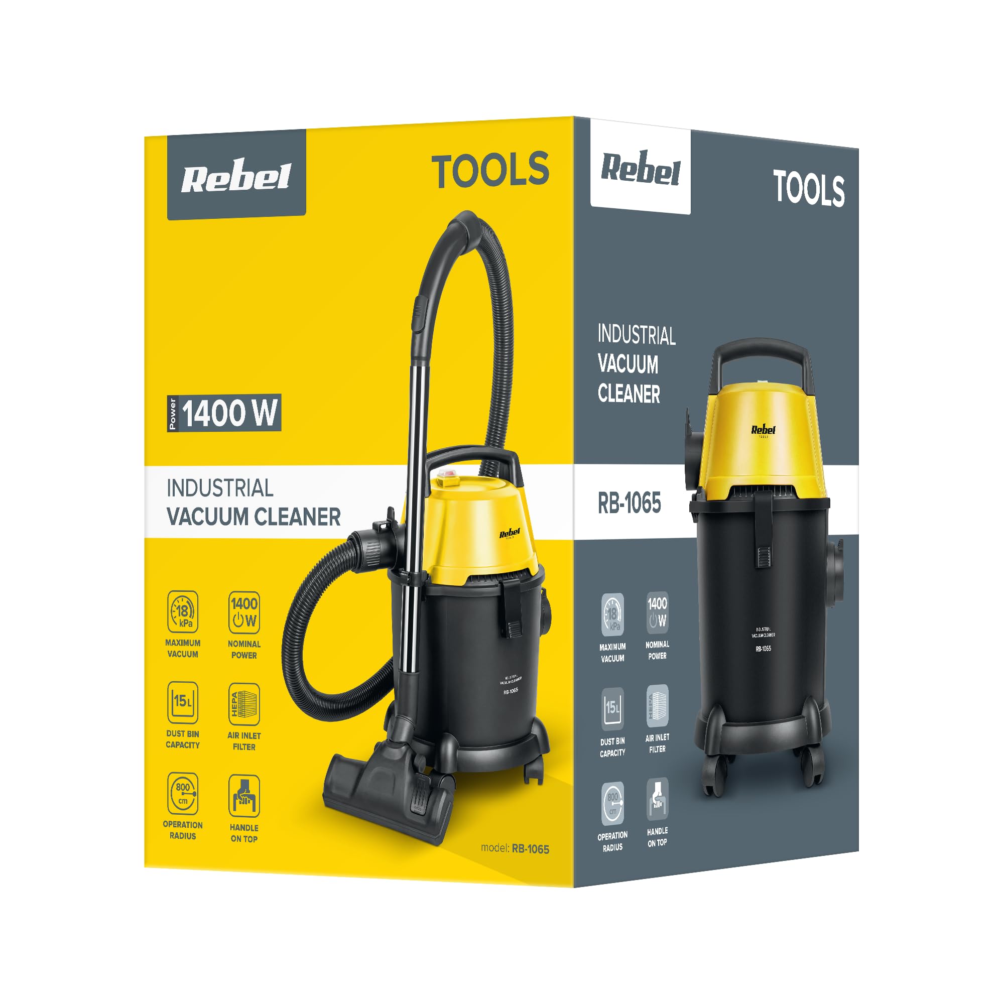 Rebel Electro Odkurzacz Przemysłowy WET&DRY Moc 1400W Zbiornik 15L Filtr HEPA Zestaw Akcesoriów RB-1065