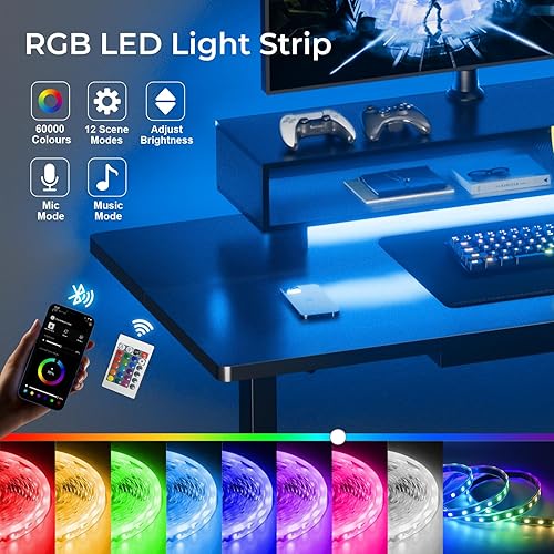 Miniatura 7 de GTPLAYER Electric Standing Desk with Drawers, 48 x 24 Inch Height Adjustable Gaming Desk with Monitor Stand, Power Outlets & LED Lights, Home Office