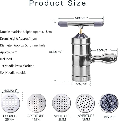 Miniatura 3 de VETAKING Máquina de prensa manual de fideos de acero inoxidable con manivela de mano para espaguetis, fettuccine, máquina de prensa de pasta con 5