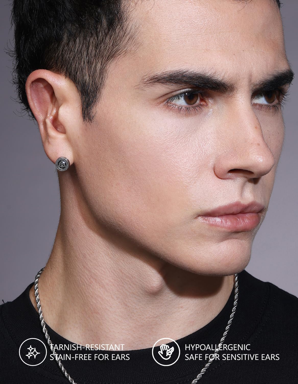 KRKC&CO Black Earrings Stud for Men, 925 Sterling Silver Hypoallergenic | Round Earring, Iced CZ and Onyx Viking Streetwear Male Jewelry for Him, Club Nightlife Outfit Hiphop Accessories