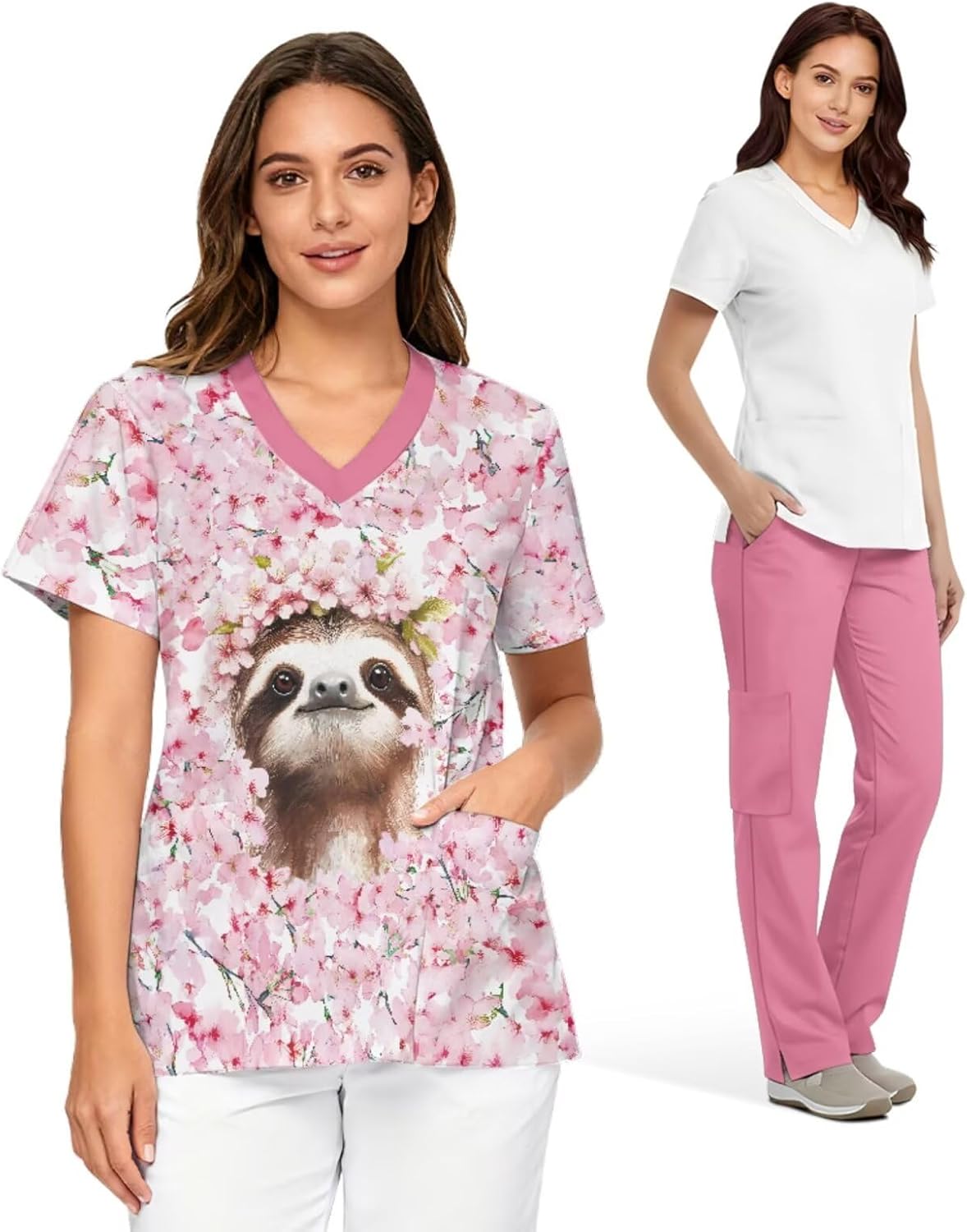 Scrubs 2 Piece for Women 2026 Short Sleeve V Neck Top Elastic Waist Pants Nurse Uniform Scrubs Set With Pockets