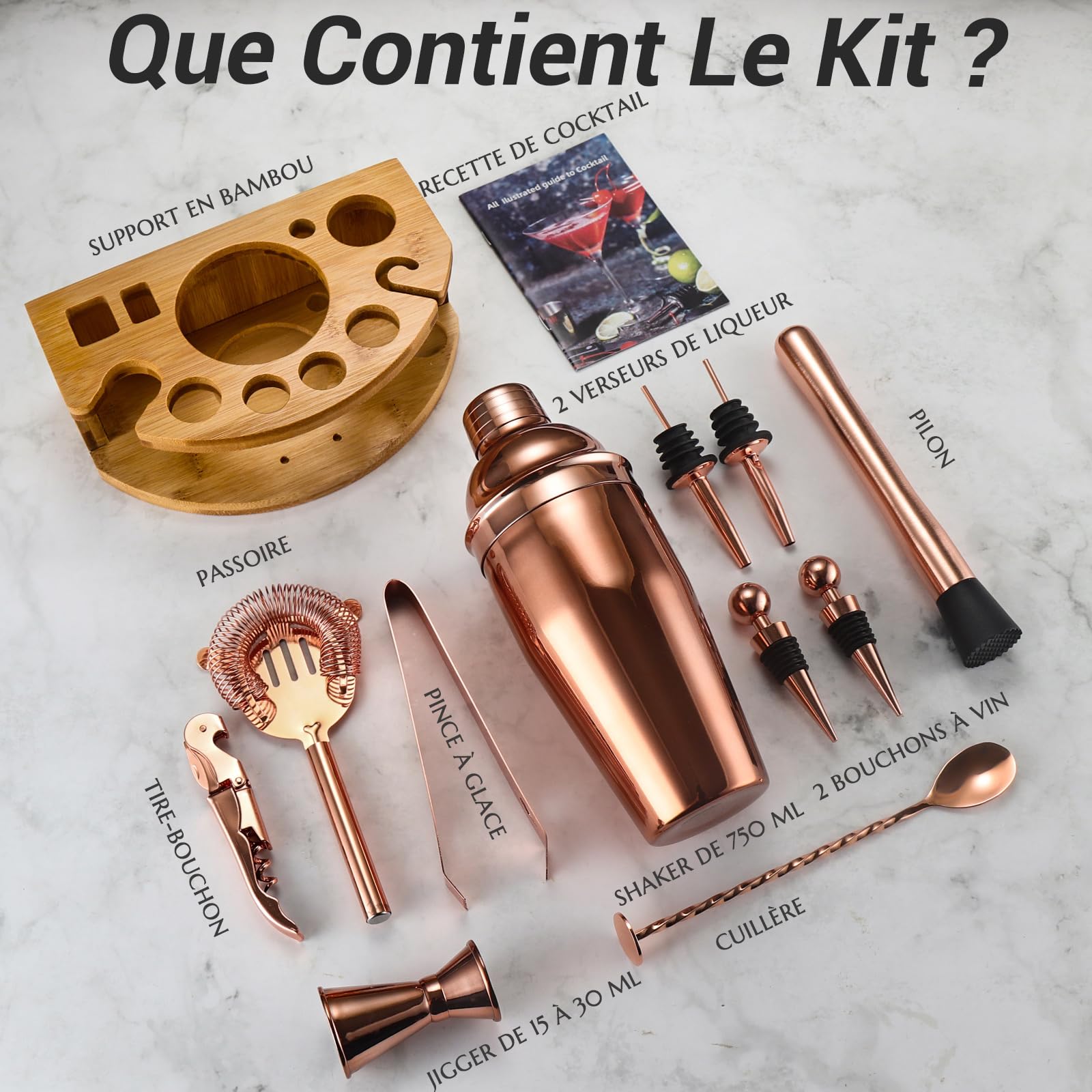 Kit Shaker à Cocktail avec Support, Kit Cocktail 12 Pièces en Acier Inoxydable avec Shaker Cocktail de 750ML Pilon Verre Doseur Cocktail, Machine à Cocktail Set pour Bar à Domicile, Fête (Or Rose)