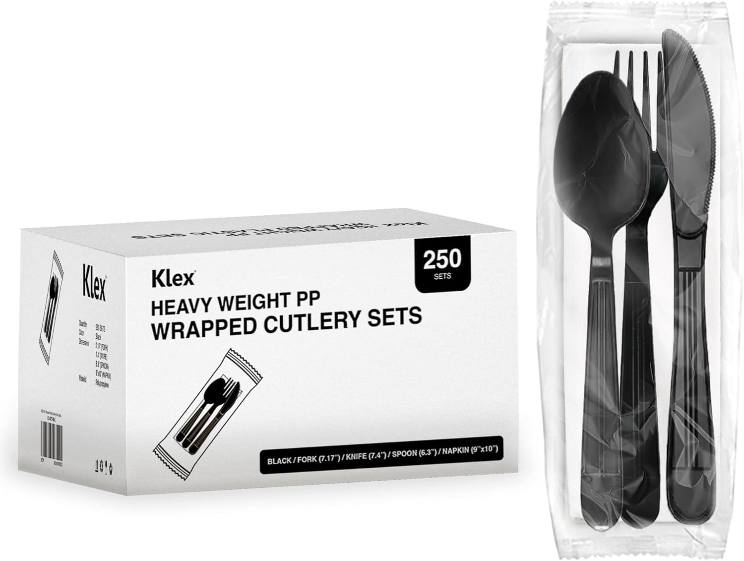 Klex 250 Individually Wrapped Disposable Utensil Sets with Heat Resistant, BPA Free Heavy Weight Fork, Spoon, Knife, and Napkin, Black, 250 Sets