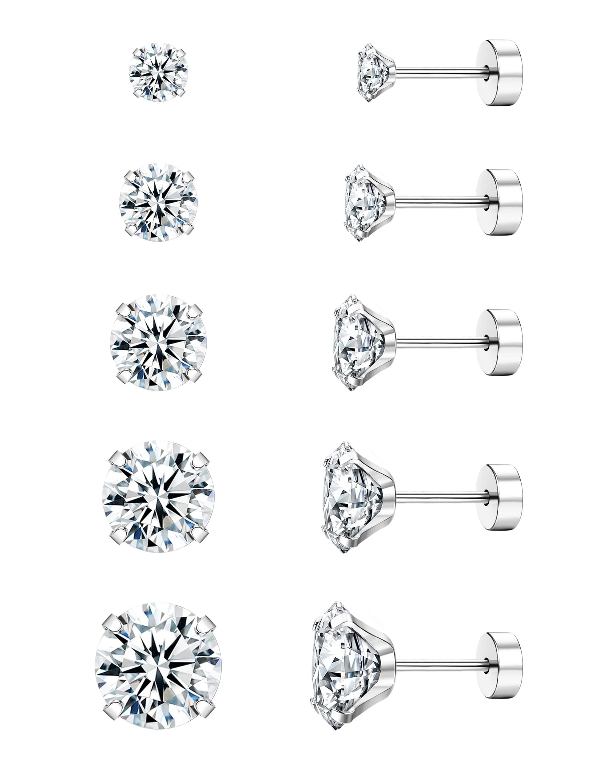 Diamday Set di Orecchini a vite con Retro 20G G23 Titanio Acciaio chirurgico Cubic Zirconia Cartilagine Piercing per donna Uomo CZ Tragus Helix Orecchini con parte posteriore piatta