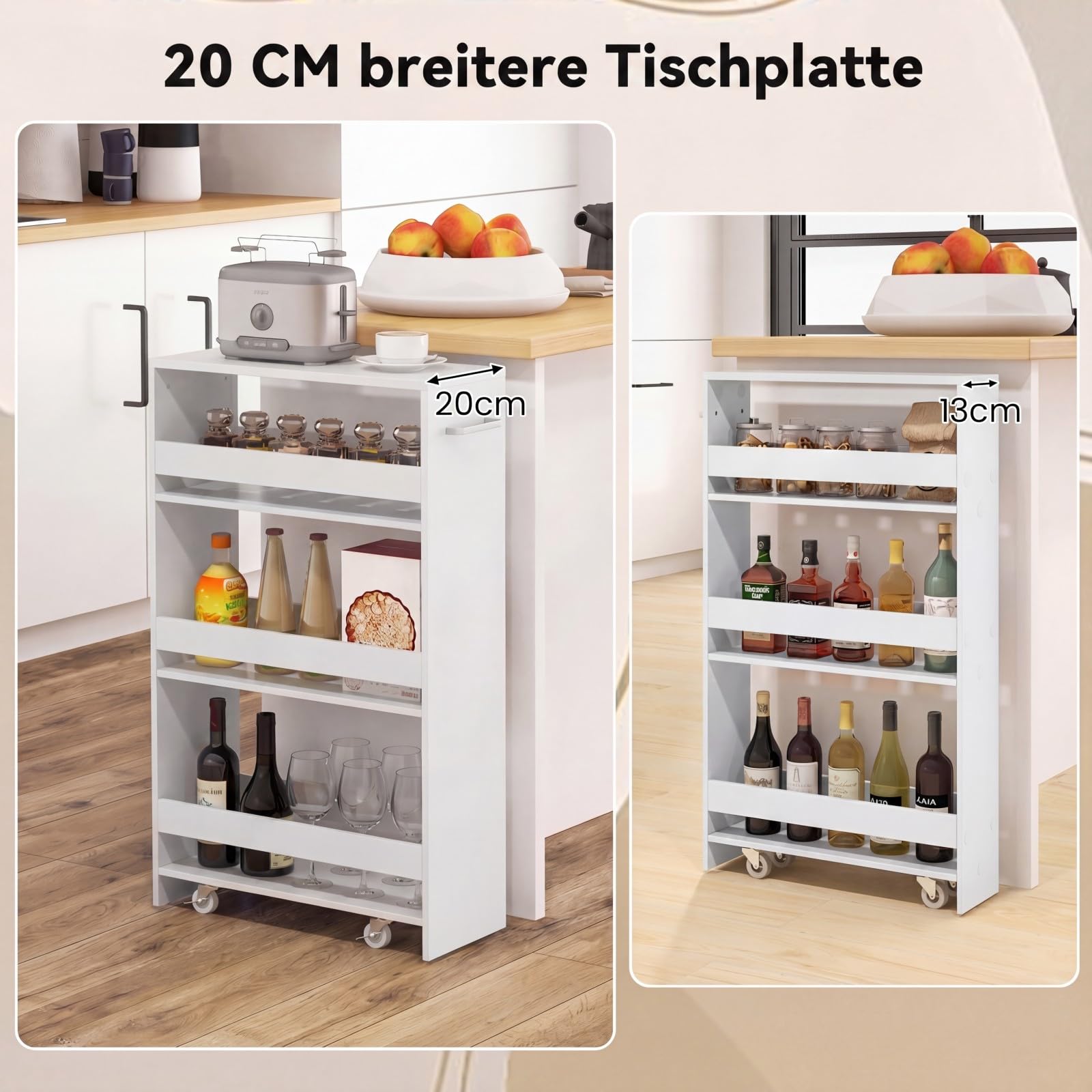 COSTWAY Wózek wnękowy 20 cm szerokości, wąski wózek kuchenny 4-poziomowy, regał wnękowy na kółkach, wózek do serwowania z uchwytami i balustradą, regał łazienkowy z drewna, do kuchni, łazienki, 47,5 x