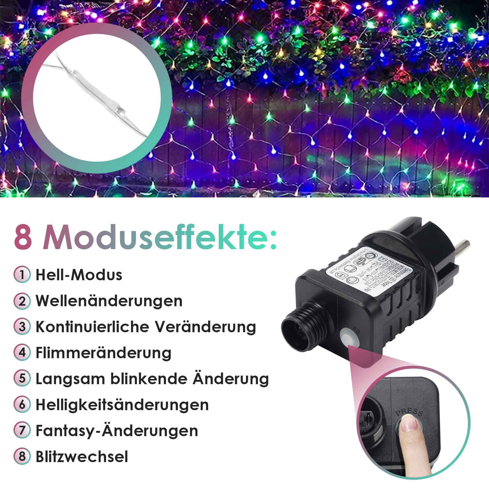 Randaco Siatka świetlna z 204 diodami LED, 3 x 2 m, kolorowy łańcuch świetlny, 8 trybów pracy, do użytku wewnątrz i na zewnątrz, dekoracja, łańcuch świetlny, kurtyna świetlna z wtyczką