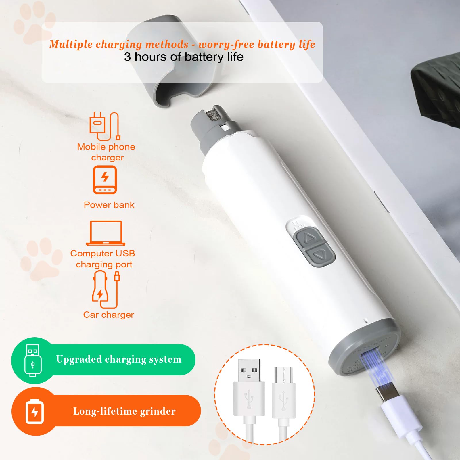 Dog Nail Grinders, Electric Rechargeable Pet Nail Trimmer Low Noise with LED Light 2-Speed Mode for Large Medium Small Dogs & Cats - image 5