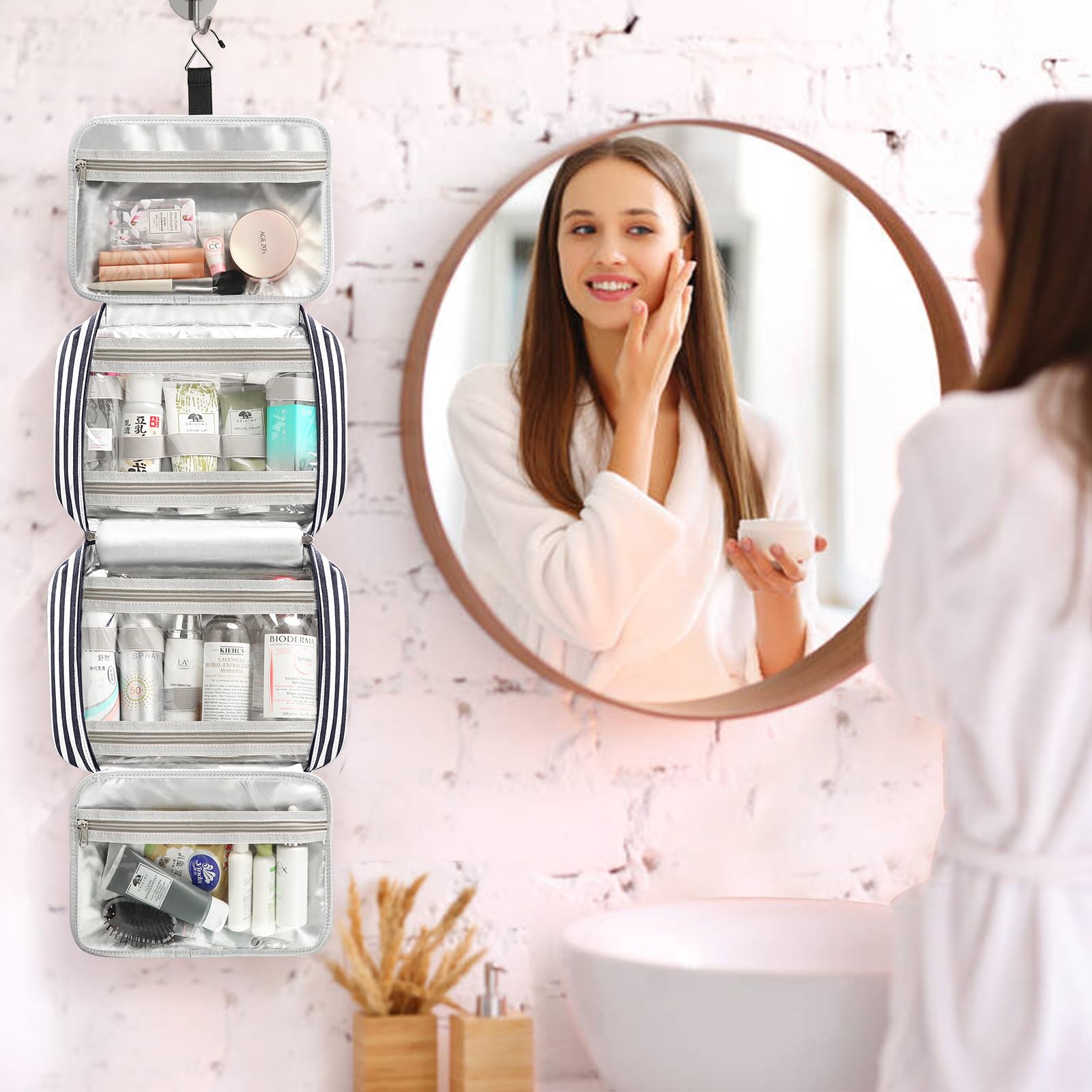 Neceser de aseo para mujer, gran capacidad de viaje impermeable y colgante, estuche de maquillaje para mujer y hombre, estuche de maquillaje de viaje, Z-azul, Grande, Minimalista