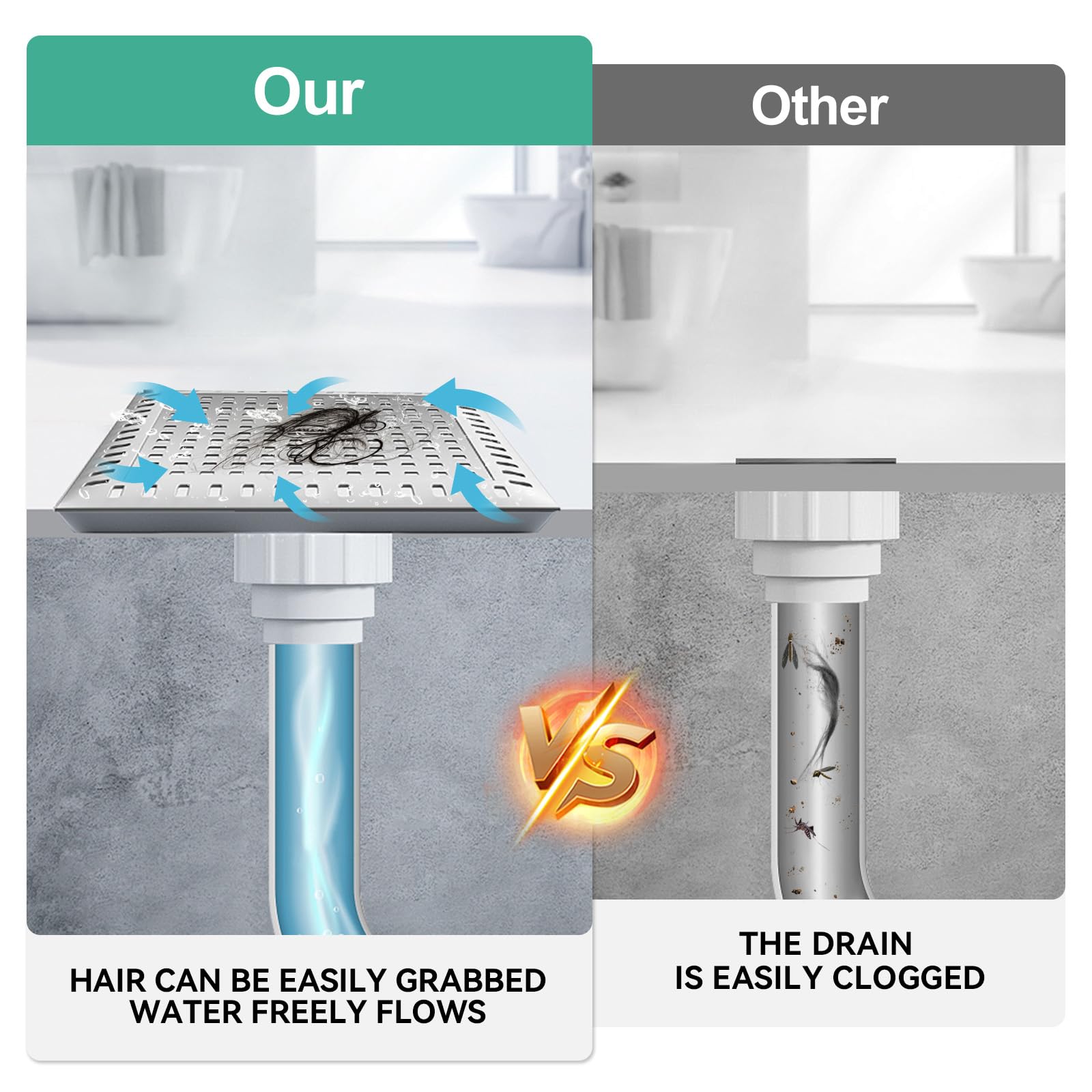 Colador de pelo cuadrado de acero inoxidable y silicona, apto para la mayoría de desagües y suelos de baño (1, gris)