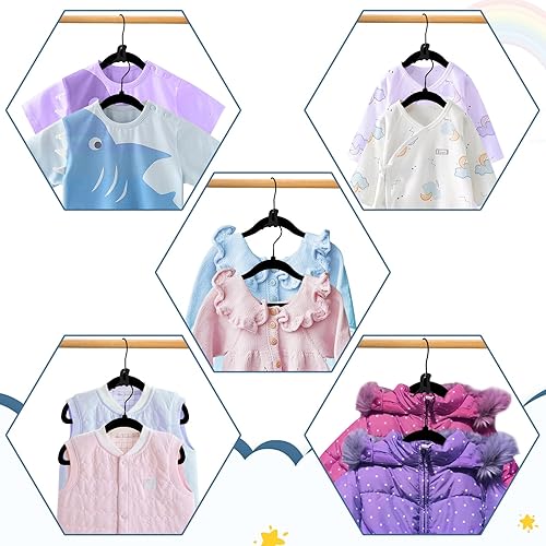 Miniatura 5 de Perchas de terciopelo para niños, paquete de 60 perchas de fieltro antideslizantes de 11.8 pulgadas con gancho negro, perchas para ropa que ahorran