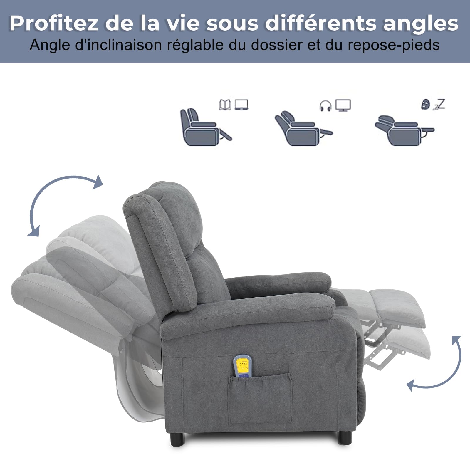 LEADZM Fauteuil Inclinable, Massage Électrique et Chauffage, Fauteuil Inclinable avec Dossier Basculant à Commande Humaine, Fauteuil TV pour Chambre à Coucher, Salon et Home Cinéma