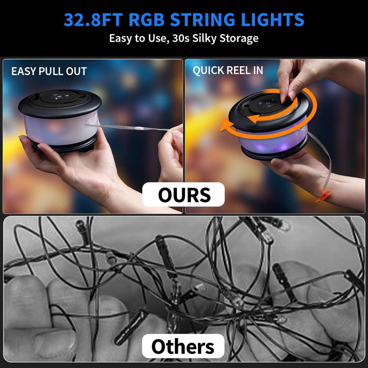Lot de 2 guirlandes lumineuses de camping 2 en 1 rechargeables de 10 m avec 19 modes d'éclairage, rangement rapide, lampe LED portable pour chambre à coucher, cour, décoration de Noël (noir)