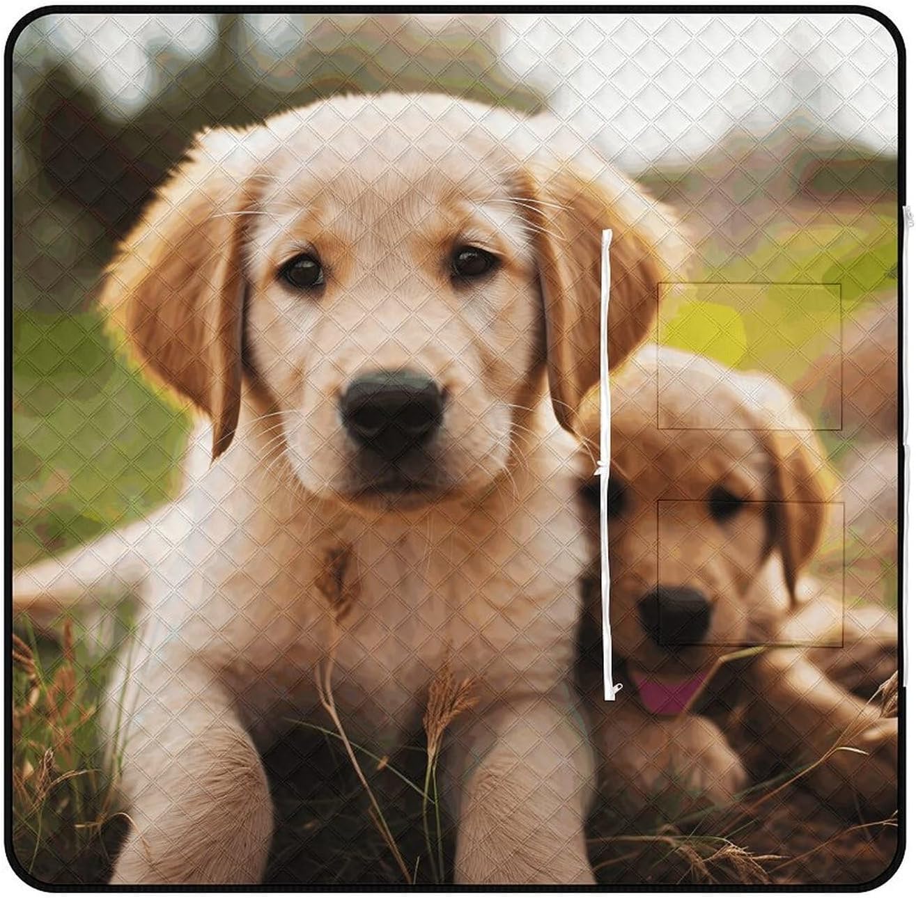 Cute Golden Retriever Puppy Picnic Blanket with Zipper Water Resistant Sand Free Picnic Mat Washable Foldable Easy Carry Beach Blanket for Lawn Beach Hiking Camping